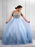A Line V Neck Sky Blue Sleeveless Tulle Beadings Prom Dresses LBQ2449